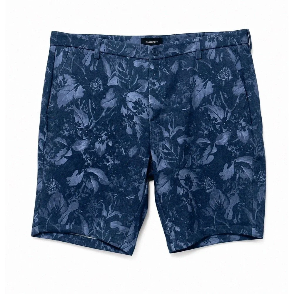 NWT BUGATCHI Theo Floral Indigo Print Oooh Cotton Shorts Blue Size 38 Hawaiian